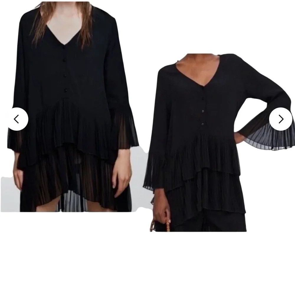 Zara Womens Black Tiered Pleated Mini Dress V-Neck Long Sleeve Size Large